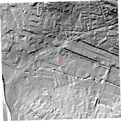 Shaded relief map of the ground around EX329HT, computed from Environment Agency LiDAR. The ground here sits at about 6 m above sea level and falls 51 m across the surrounding 800 m. Surface water reaching this point runs off ground lying to the north-north-east, 41.3 m higher.