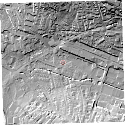 Shaded relief map of the ground around EX329HU, computed from Environment Agency LiDAR. The ground here sits at about 6 m above sea level and falls 52 m across the surrounding 800 m. Surface water reaching this point runs off ground lying to the north-north-east, 39.2 m higher.