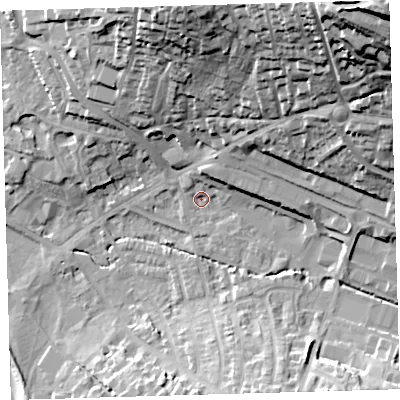 Shaded relief map of the ground around EX329HX, computed from Environment Agency LiDAR. The ground here sits at about 5 m above sea level and falls 57 m across the surrounding 800 m. Surface water reaching this point runs off ground lying to the north-east, 43.6 m higher.
