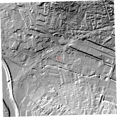 Shaded relief map of the ground around EX329HY, computed from Environment Agency LiDAR. The ground here sits at about 5 m above sea level and falls 48 m across the surrounding 800 m. Surface water reaching this point runs off ground lying to the north-east, 45.1 m higher.