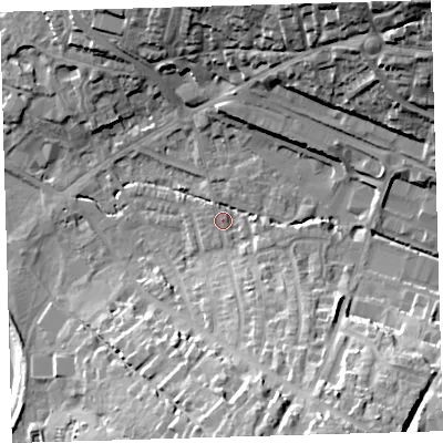 Shaded relief map of the ground around EX329HZ, computed from Environment Agency LiDAR. The ground here sits at about 6 m above sea level and falls 36 m across the surrounding 800 m. Surface water reaching this point runs off ground lying to the north-east, 32.8 m higher.