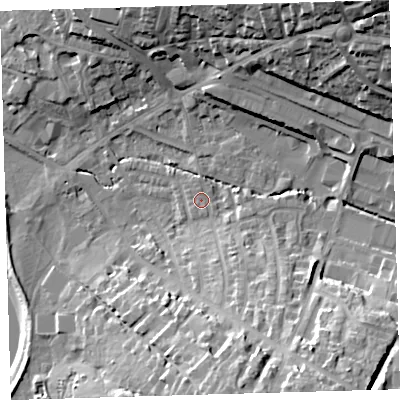 Shaded relief map of the ground around EX329JA, computed from Environment Agency LiDAR. The ground here sits at about 6 m above sea level and falls 33 m across the surrounding 800 m. Surface water reaching this point runs off ground lying to the south-south-east, 9.8 m higher.