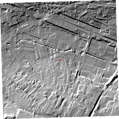 Shaded relief map of the ground around EX329JJ, computed from Environment Agency LiDAR. The ground here sits at about 8 m above sea level and falls 31 m across the surrounding 800 m. Surface water reaching this point runs off ground lying to the south-south-east, 18.6 m higher.
