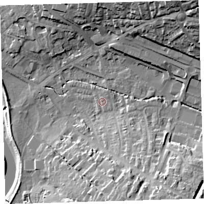 Shaded relief map of the ground around EX329JN, computed from Environment Agency LiDAR. The ground here sits at about 6 m above sea level and falls 32 m across the surrounding 800 m. Surface water reaching this point runs off ground lying to the south-south-east, 5.4 m higher.
