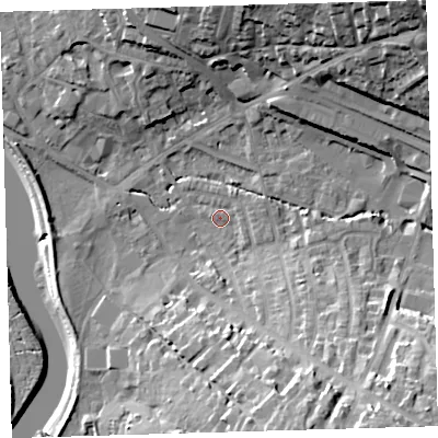 Shaded relief map of the ground around EX329JP, computed from Environment Agency LiDAR. The ground here sits at about 6 m above sea level and falls 33 m across the surrounding 800 m. Surface water reaching this point runs off ground lying to the north-east, 29.6 m higher.