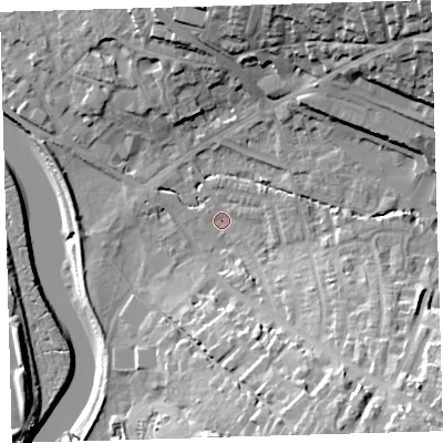 Shaded relief map of the ground around EX329JR, computed from Environment Agency LiDAR. The ground here sits at about 5 m above sea level and falls 29 m across the surrounding 800 m. Surface water reaching this point runs off ground lying to the north-east, 26.4 m higher.