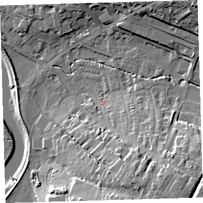 Shaded relief map of the ground around EX329JS, computed from Environment Agency LiDAR. The ground here sits at about 7 m above sea level and falls 25 m across the surrounding 800 m. Surface water reaching this point runs off ground lying to the south-east, 9.0 m higher.