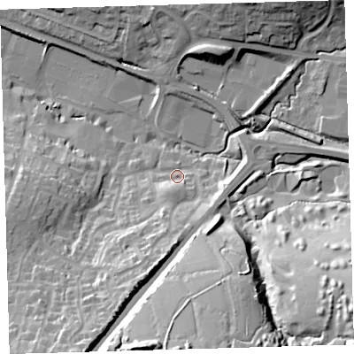 Shaded relief map of the ground around EX329LP, computed from Environment Agency LiDAR. The ground here sits at about 16 m above sea level and falls 39 m across the surrounding 800 m. Surface water reaching this point runs off ground lying to the south-south-west, 25.2 m higher.