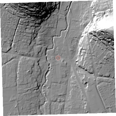 Shaded relief map of the ground around EX331AA, computed from Environment Agency LiDAR. The ground here sits at about 11 m above sea level and falls 74 m across the surrounding 800 m. Surface water reaching this point runs off ground lying to the east-north-east, 70.9 m higher.