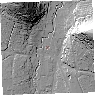 Shaded relief map of the ground around EX331AD, computed from Environment Agency LiDAR. The ground here sits at about 13 m above sea level and falls 77 m across the surrounding 800 m. Surface water reaching this point runs off ground lying to the north-north-east, 2.3 m higher.