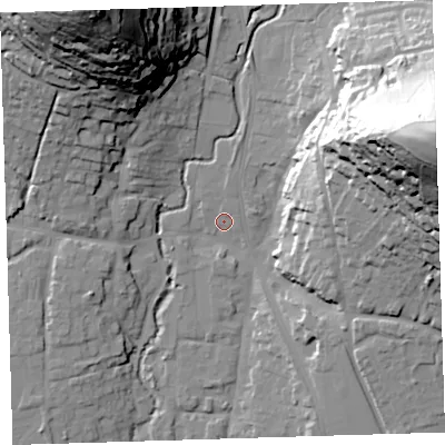 Shaded relief map of the ground around EX331AF, computed from Environment Agency LiDAR. The ground here sits at about 12 m above sea level and falls 79 m across the surrounding 800 m. Surface water reaching this point runs off ground lying to the east-north-east, 76.1 m higher.