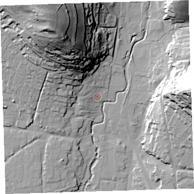 Shaded relief map of the ground around EX331AN, computed from Environment Agency LiDAR. The ground here sits at about 15 m above sea level and falls 79 m across the surrounding 800 m. Surface water reaching this point runs off ground lying to the north-north-west, 56.5 m higher.