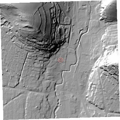 Shaded relief map of the ground around EX331AW, computed from Environment Agency LiDAR. The ground here sits at about 17 m above sea level and falls 79 m across the surrounding 800 m. Surface water reaching this point runs off ground lying to the north-west, 50.0 m higher.