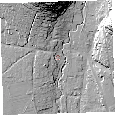 Shaded relief map of the ground around EX331EE, computed from Environment Agency LiDAR. The ground here sits at about 13 m above sea level and falls 51 m across the surrounding 800 m. Surface water reaching this point runs off ground lying to the north, 45.1 m higher.