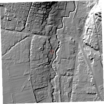 Shaded relief map of the ground around EX331EG, computed from Environment Agency LiDAR. The ground here sits at about 12 m above sea level and falls 42 m across the surrounding 800 m. Surface water reaching this point runs off ground lying to the north-north-west, 5.0 m higher.