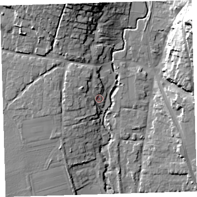 Shaded relief map of the ground around EX331EL, computed from Environment Agency LiDAR. The ground here sits at about 13 m above sea level and falls 38 m across the surrounding 800 m. Surface water reaching this point runs off ground lying to the west-north-west, 6.5 m higher.