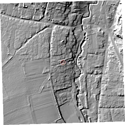 Shaded relief map of the ground around EX331EN, computed from Environment Agency LiDAR. The ground here sits at about 14 m above sea level and falls 18 m across the surrounding 800 m. Surface water reaching this point runs off ground lying to the north-north-west, 2.4 m higher.