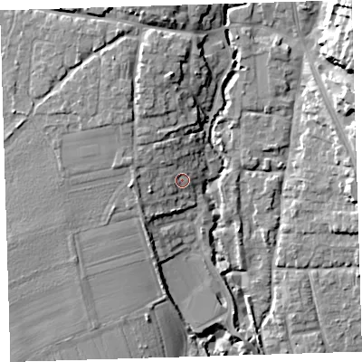 Shaded relief map of the ground around EX331EP, computed from Environment Agency LiDAR. The ground here sits at about 12 m above sea level and falls 22 m across the surrounding 800 m. Surface water reaching this point runs off ground lying to the west-north-west, 2.6 m higher.