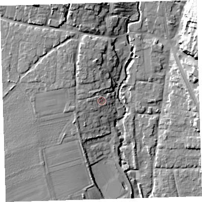 Shaded relief map of the ground around EX331EW, computed from Environment Agency LiDAR. The ground here sits at about 13 m above sea level and falls 21 m across the surrounding 800 m. Surface water reaching this point runs off ground lying to the west-north-west, 2.2 m higher.