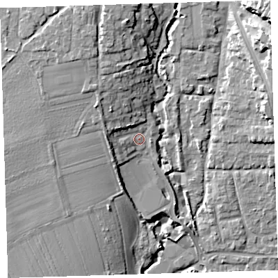 Shaded relief map of the ground around EX331FE, computed from Environment Agency LiDAR. The ground here sits at about 10 m above sea level and falls 19 m across the surrounding 800 m. Surface water reaching this point runs off ground lying to the west-north-west, 5.1 m higher.