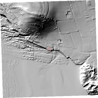 Shaded relief map of the ground around EX331FF, computed from Environment Agency LiDAR. The ground here sits at about 10 m above sea level and falls 82 m across the surrounding 800 m. Surface water reaching this point runs off ground lying to the north-north-west, 67.4 m higher.