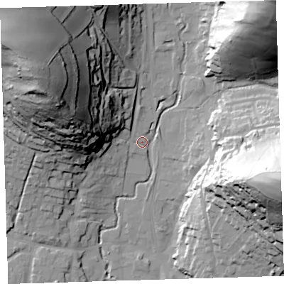 Shaded relief map of the ground around EX331HL, computed from Environment Agency LiDAR. The ground here sits at about 16 m above sea level and falls 80 m across the surrounding 800 m. Surface water reaching this point runs off ground lying to the north-east, 76.1 m higher.