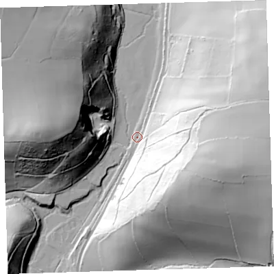 Shaded relief map of the ground around EX331HR, computed from Environment Agency LiDAR. The ground here sits at about 46 m above sea level and falls 82 m across the surrounding 800 m. Surface water reaching this point runs off ground lying to the east-south-east, 76.3 m higher.