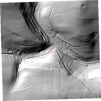 Shaded relief map of the ground around EX331HT, computed from Environment Agency LiDAR. The ground here sits at about 64 m above sea level and falls 77 m across the surrounding 800 m. Surface water reaching this point runs off ground lying to the south, 64.7 m higher.