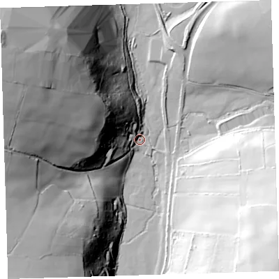 Shaded relief map of the ground around EX331HZ, computed from Environment Agency LiDAR. The ground here sits at about 51 m above sea level and falls 97 m across the surrounding 800 m. Surface water reaching this point runs off ground lying to the north-west, 86.8 m higher.