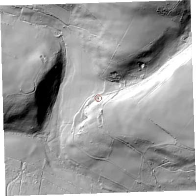Shaded relief map of the ground around EX331JA, computed from Environment Agency LiDAR. The ground here sits at about 109 m above sea level and falls 105 m across the surrounding 800 m. Surface water reaching this point runs off ground lying to the east, 42.3 m higher.