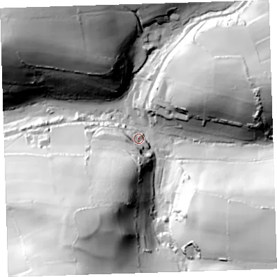 Shaded relief map of the ground around EX331JG, computed from Environment Agency LiDAR. The ground here sits at about 51 m above sea level and falls 86 m across the surrounding 800 m. Surface water reaching this point runs off ground lying to the south-south-west, 39.0 m higher.