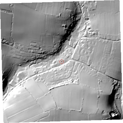 Shaded relief map of the ground around EX331JJ, computed from Environment Agency LiDAR. The ground here sits at about 79 m above sea level and falls 53 m across the surrounding 800 m. Surface water reaching this point runs off ground lying to the south-east, 14.6 m higher.