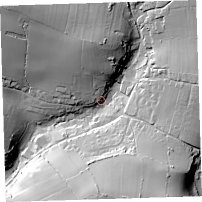 Shaded relief map of the ground around EX331JL, computed from Environment Agency LiDAR. The ground here sits at about 79 m above sea level and falls 59 m across the surrounding 800 m. Surface water reaching this point runs off ground lying to the north, 34.3 m higher.