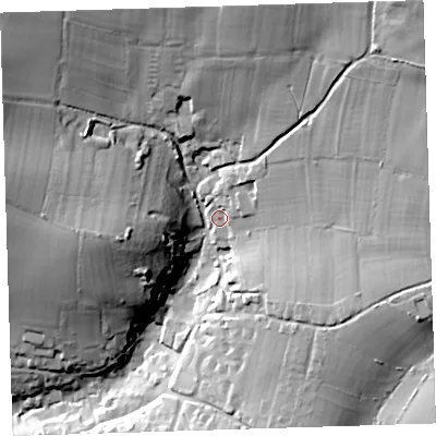 Shaded relief map of the ground around EX331JN, computed from Environment Agency LiDAR. The ground here sits at about 90 m above sea level and falls 70 m across the surrounding 800 m. Surface water reaching this point runs off ground lying to the north-east, 19.2 m higher.