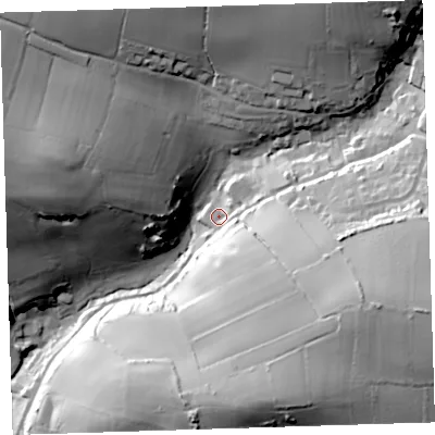 Shaded relief map of the ground around EX331JQ, computed from Environment Agency LiDAR. The ground here sits at about 67 m above sea level and falls 65 m across the surrounding 800 m. Surface water reaching this point runs off ground lying to the east-south-east, 43.9 m higher.