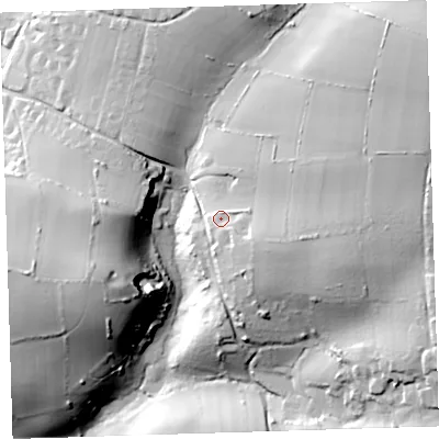Shaded relief map of the ground around EX331JZ, computed from Environment Agency LiDAR. The ground here sits at about 96 m above sea level and falls 49 m across the surrounding 800 m. Surface water reaching this point runs off ground lying to the east-south-east, 8.6 m higher.