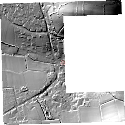 Shaded relief map of the ground around EX331LF, computed from Environment Agency LiDAR. The ground here sits at about 17 m above sea level and falls 83 m across the surrounding 800 m. Surface water reaching this point runs off ground lying to the north-north-east, 76.5 m higher.