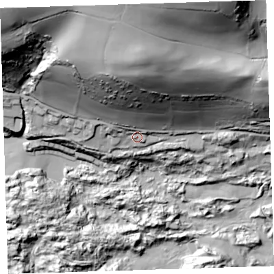 Shaded relief map of the ground around EX331LG, computed from Environment Agency LiDAR. The ground here sits at about 32 m above sea level and falls 117 m across the surrounding 800 m. Surface water reaching this point runs off ground lying to the north, 81.1 m higher.