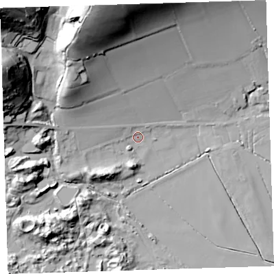 Shaded relief map of the ground around EX331LJ, computed from Environment Agency LiDAR. The ground here sits at about 15 m above sea level and falls 67 m across the surrounding 800 m. Surface water reaching this point runs off ground lying to the west-north-west, 4.6 m higher.