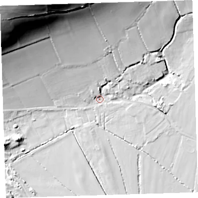 Shaded relief map of the ground around EX331LP, computed from Environment Agency LiDAR. The ground here sits at about 14 m above sea level and falls 76 m across the surrounding 800 m. Surface water reaching this point runs off ground lying to the north-west, 66.8 m higher.