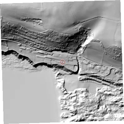 Shaded relief map of the ground around EX331LQ, computed from Environment Agency LiDAR. The ground here sits at about 35 m above sea level and falls 133 m across the surrounding 800 m. Surface water reaching this point runs off ground lying to the north, 8.8 m higher.