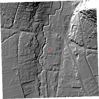 Shaded relief map of the ground around EX331LR, computed from Environment Agency LiDAR. The ground here sits at about 11 m above sea level and falls 69 m across the surrounding 800 m. Surface water reaching this point runs off ground lying to the north-north-east, 1.5 m higher.