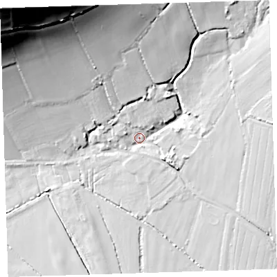 Shaded relief map of the ground around EX331LS, computed from Environment Agency LiDAR. The ground here sits at about 16 m above sea level and falls 76 m across the surrounding 800 m. Surface water reaching this point runs off ground lying to the north, 33.7 m higher.