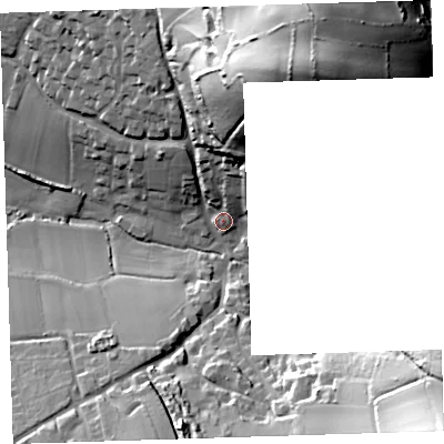 Shaded relief map of the ground around EX331LX, computed from Environment Agency LiDAR. The ground here sits at about 19 m above sea level and falls 85 m across the surrounding 800 m. Surface water reaching this point runs off ground lying to the north-north-east, 78.0 m higher.