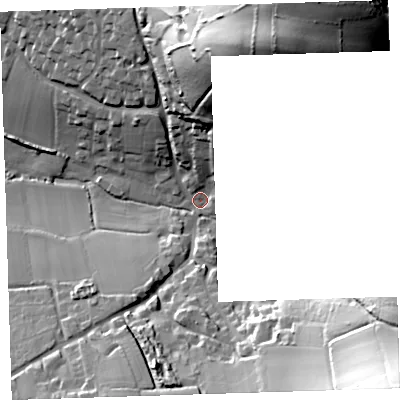 Shaded relief map of the ground around EX331LY, computed from Environment Agency LiDAR. The ground here sits at about 17 m above sea level and falls 83 m across the surrounding 800 m. Surface water reaching this point runs off ground lying to the north-north-east, 77.9 m higher.