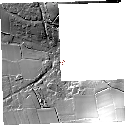 Shaded relief map of the ground around EX331NQ, computed from Environment Agency LiDAR. and falls 84 m across the surrounding 800 m. Surface water reaching this point runs off ground lying to the south-east, 77.0 m higher.