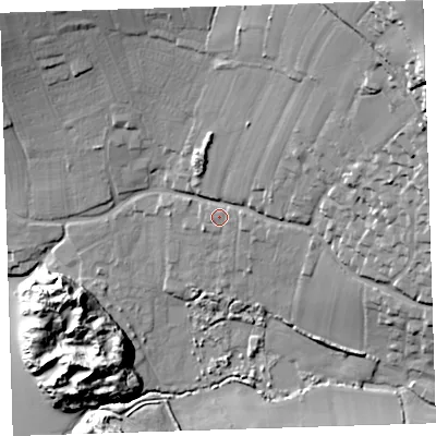 Shaded relief map of the ground around EX331NU, computed from Environment Agency LiDAR. The ground here sits at about 18 m above sea level and falls 59 m across the surrounding 800 m. Surface water reaching this point runs off ground lying to the east, 2.0 m higher.