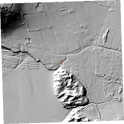 Shaded relief map of the ground around EX331NZ, computed from Environment Agency LiDAR. The ground here sits at about 11 m above sea level and falls 75 m across the surrounding 800 m. Surface water reaching this point runs off ground lying to the north-east, 24.0 m higher.