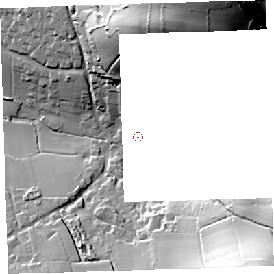 Shaded relief map of the ground around EX331PE, computed from Environment Agency LiDAR. and falls 82 m across the surrounding 800 m.
