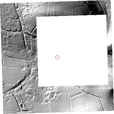 Shaded relief map of the ground around EX331PF, computed from Environment Agency LiDAR. and falls 81 m across the surrounding 800 m.